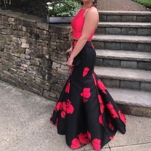 two piece red/pink and black prom dress